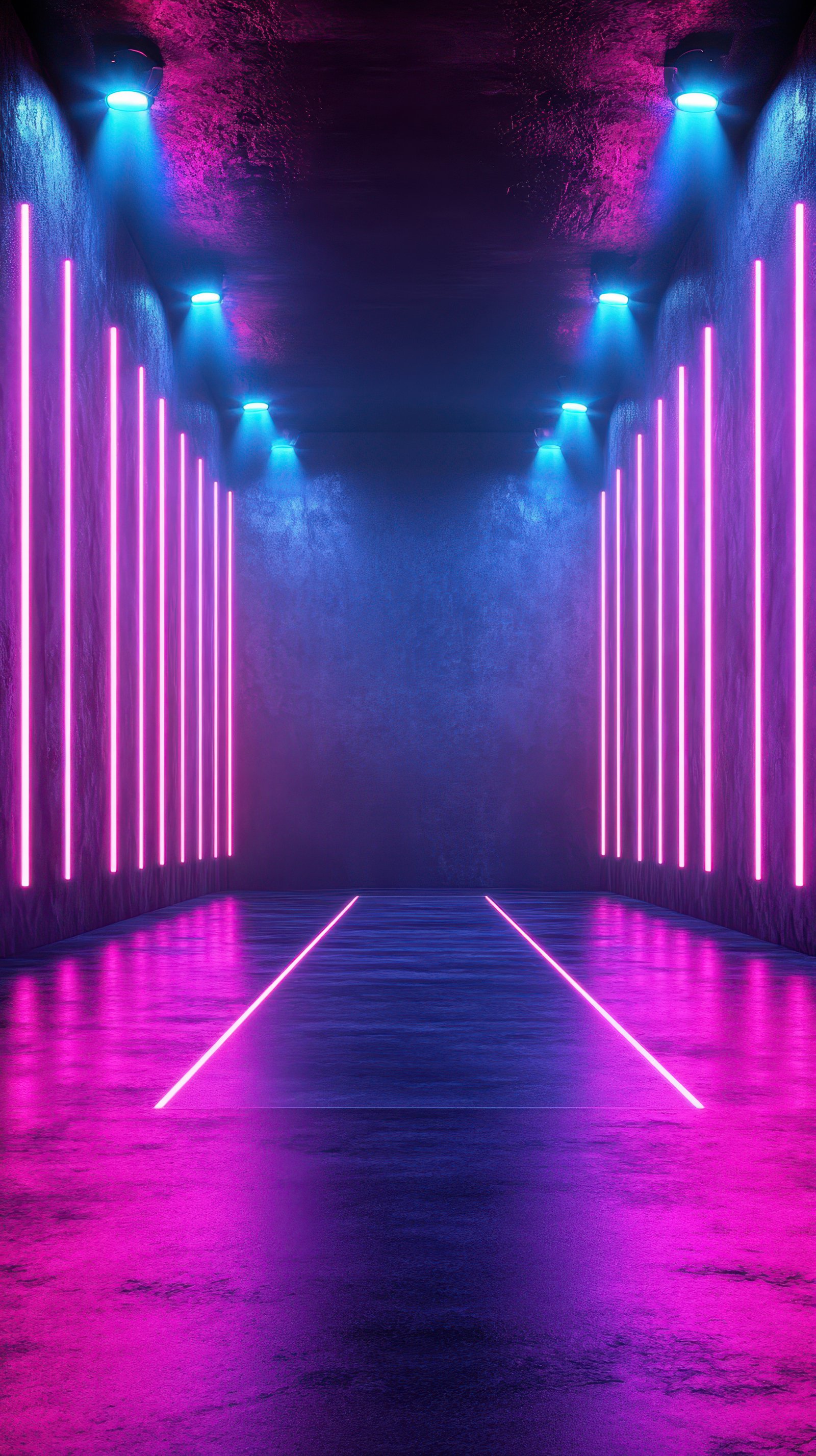 Vibrant neon corridor illuminated with colorful lights in a modern urban setting at night